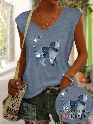 Mercoledi Kedi Baskılı Kadın Oversize Kolsuz T-Shırt