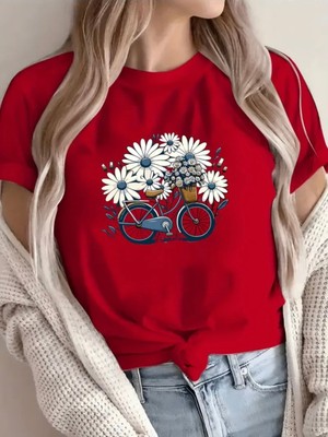 Mercoledi Papatya ve Bisiklet Baskılı Unısex Oversize Bisiklet Yaka T-Shirt