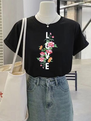 Mercoledi Flowers Love Baskılı Oversize Bisiklet Yaka T-Shirt