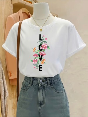 Mercoledi Flowers Love Baskılı Oversize Bisiklet Yaka T-Shirt
