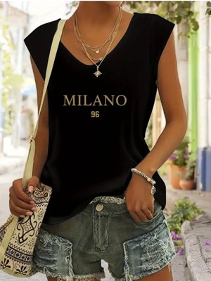 Mercoledi Milano Baskılı Kadın Oversize Kolsuz T-Shırt