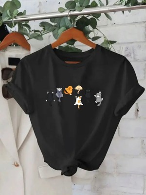 Mercoledi Eğlenceli Kedi Baskılı Oversize Bisiklet Yaka T-Shirt
