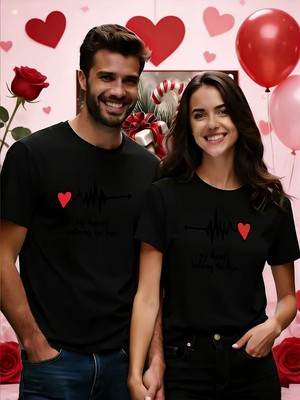 Mercoledi Çift Kombini 1 Adet Erkek Modeli Sevgililer Günü Baskılı Rahat Kalıp T-Shirt