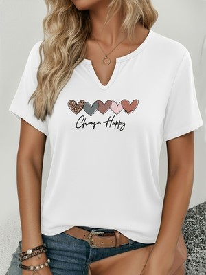 Mercoledi Kadın Choose Happy Baskılı Yarım V-Yaka Kollu Regular Kalıp Rahat T-Shirt