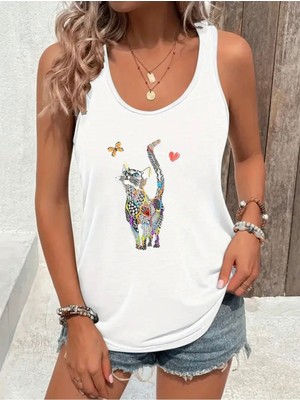 Mercoledi Renkli Kedi Baskılı Kadın T-Shırt