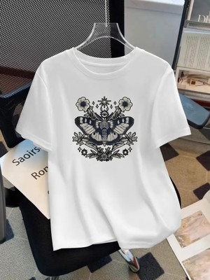 Mercoledi Kelebek Baskılı Oversize Bisiklet Yaka T-Shirt