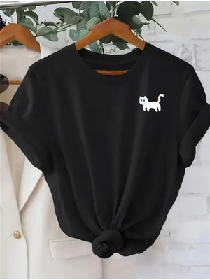 Mercoledi Kedi Figür Baskılı Oversize Bisiklet Yaka T-Shirt