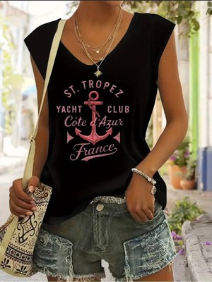 Mercoledi St. Tropez Baskılı Kadın Oversize Kolsuz T-Shırt