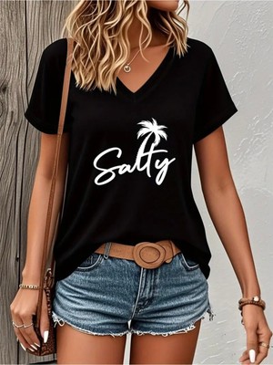 Mercoledi Salty Baskılı Kadın Oversize V Yaka T-Shırt