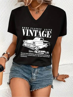 Mercoledi Vintage Baskılı Kadın Oversize V Yaka T-Shırt