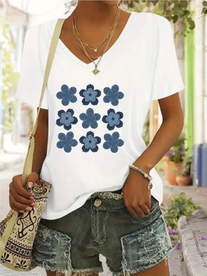 Mercoledi Denim Çiçek Baskılı Kadın Oversize V Yaka T-Shırt