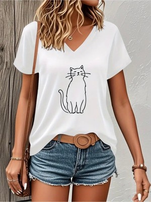 Mercoledi Kedi Figür Baskılı Kadın Oversize V Yaka T-Shırt