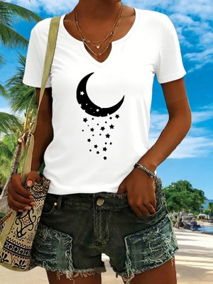 Mercoledi Kadın Ay Baskılı Yarım V-Yaka Kollu Regular Kalıp Rahat T-Shirt