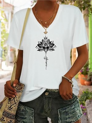 Mercoledi Lotus Çiçeği Baskılı Kadın Oversize V Yaka T-Shırt