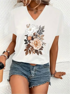 Mercoledi Çiçek Baskılı Kadın Oversize V Yaka T-Shırt