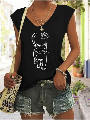 Mercoledi Kedi Baskılı Kadın Oversize Kolsuz T-Shırt