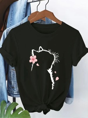 Mercoledi Çiçekli Kedi Oversize Bisiklet Yaka T-Shirt