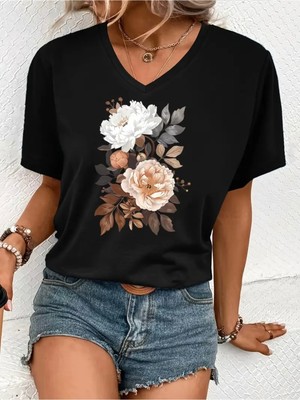 Mercoledi Çiçek Baskılı Kadın Oversize V Yaka T-Shırt