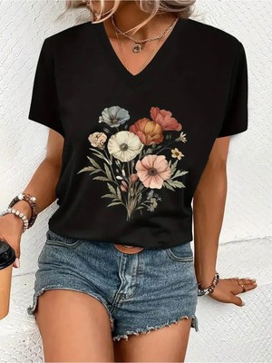 Mercoledi Çiçek Baskılı Kadın Oversize V Yaka T-Shırt