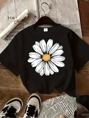 Mercoledi Papatya Baskılı Oversize Bisiklet Yaka T-Shirt