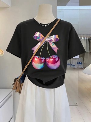 Mercoledi Metalik Cherry Baskılı Oversize Bisiklet Yaka T-Shirt
