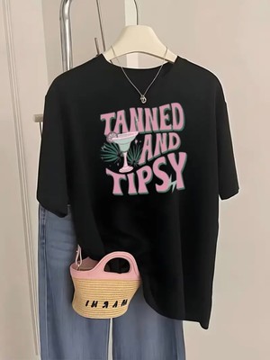 Mercoledi Tanned And Tipsy Baskılı Oversize Bisiklet Yaka T-Shirt