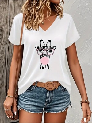 Mercoledi Gözlüklü Zürafa Baskılı Kadın Oversize V Yaka T-Shırt