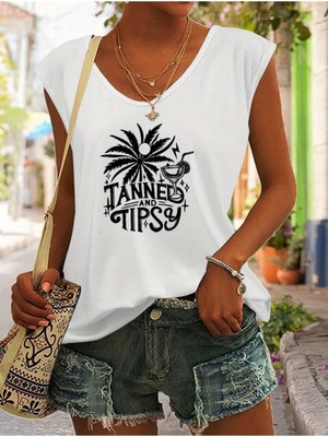 Mercoledi Tanned And Tıpsy Baskılı Kadın Oversize Kolsuz T-Shırt