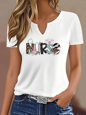 Mercoledi Kadın Hemşire Baskılı Yarım V-Yaka Kollu Regular Kalıp Rahat T-Shirt