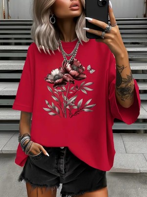 Mercoledi Kırmızı Çiçek Baskılı Oversize Tişört
