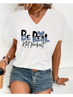 Mercoledi V Yaka Oversize Be Real Baskılı Tişört