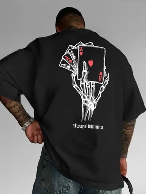 Mercoledi Iskambil Kağıdı ve Iskelet El Baskılı Oversize Bisiklet Yaka T-Shirt