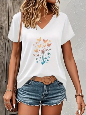 Mercoledi Kelebekler Baskılı Kadın Oversize V Yaka T-Shırt
