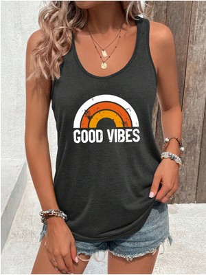 Mercoledi Kadın Renkli Baskılı Slim Fit Oyuk Yaka Yüzücü Atlet T-Shirt