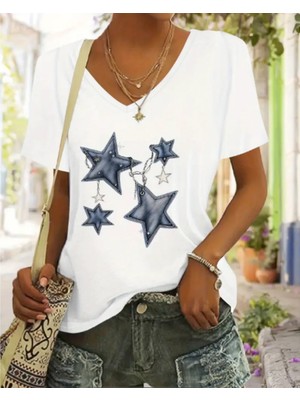 Mercoledi V Yaka Mavi Yıldızlar Baskılı Oversize Tişört