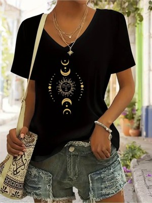 Mercoledi Güneş Baskılı Kadın Oversize V Yaka T-Shırt