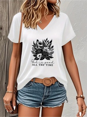 Mercoledi God Is Good Baskılı Kadın Oversize V Yaka T-Shırt