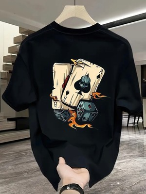 Mercoledi Iskambil Kagıdı ve Zar Baskılı Oversize Bisiklet Yaka T-Shirt