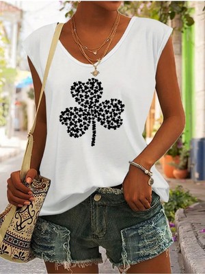 Mercoledi Yonca Baskılı Kadın Oversize Kolsuz T-Shırt