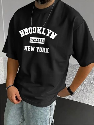 Mercoledi Brooklyn New York Baskılı Oversize Bisiklet Yaka T-Shirt