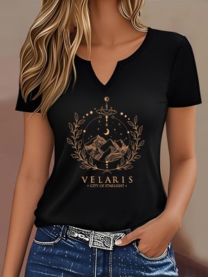 Mercoledi Kadın Velaris Baskılı Yarım V-Yaka Kollu Regular Kalıp Rahat T-Shirt