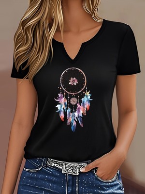 Mercoledi Kadın Dream Catcher Baskılı Yarım V-Yaka Kollu Regular Kalıp Rahat T-Shirt