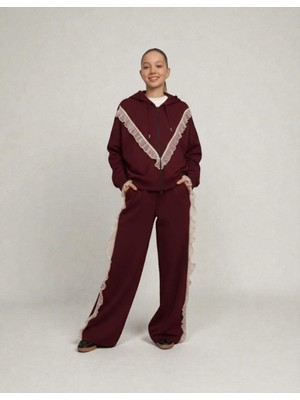 Loco Loco 09-15 Yaş Arası Kız Çocuk 2 Iplik Güpürlü Pantolon Sweat Takım - Bordo