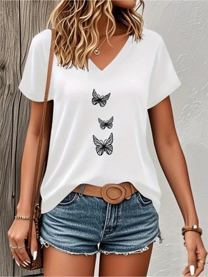 Mercoledi Kelebek Baskılı Kadın Oversize V Yaka T-Shırt