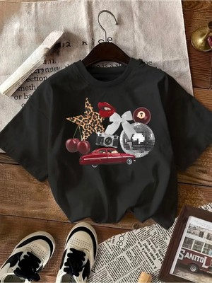 Mercoledi Vintage Araba Disco Topu Kiraz Baskılı Oversize Tişört