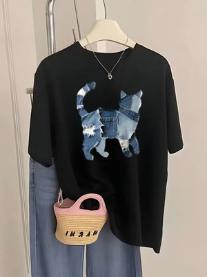Mercoledi Denim Kedi Baskılı Oversize Bisiklet Yaka T-Shirt