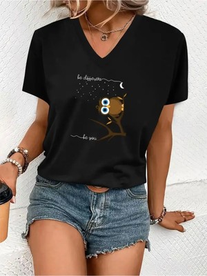 Mercoledi Baykuş Baskılı Kadın Oversize V Yaka T-Shırt