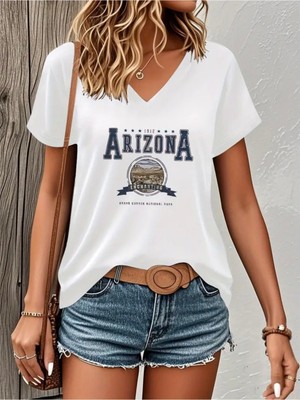 Mercoledi Arızona Baskılı Kadın Oversize V Yaka T-Shırt