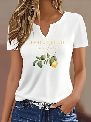 Mercoledi Kadın Limoncello Baskılı Yarım V-Yaka Kollu Regular Kalıp Rahat T-Shirt