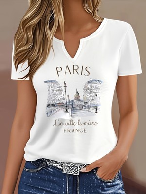 Mercoledi Kadın Paris La Vie Baskılı Yarım V-Yaka Kollu Regular Kalıp Rahat T-Shirt